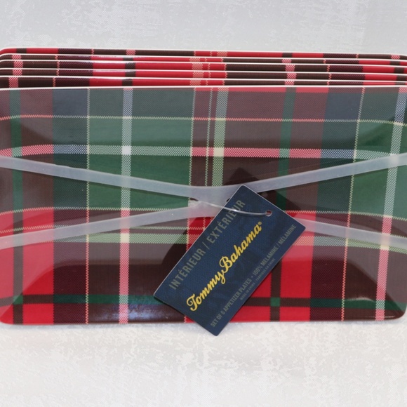 TOMMY BAHAMA CHRISTMAS PLAID RECTANGULAR MELAMINE APPETIZER/DESSERT PLATES - S/6